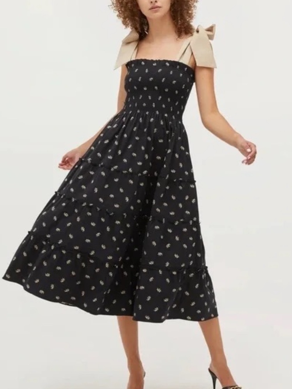 Smocked Strapless Black Floral Midi Dress